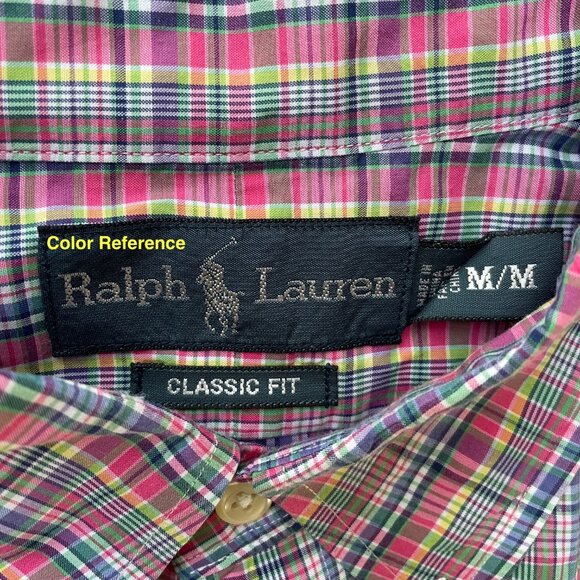Ralph Lauren Pony Embroidered Classic Button Down Shirt Mens M Pink Green Plaid - Picture 3 of 9